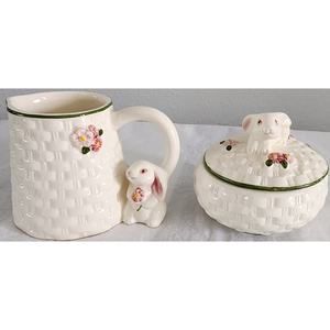 Vintage Avon Sugar and Creamer Adorable Bunnies on White Basket Weave Porcelain